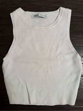 Zara White Ribbed Cropped Tank Top